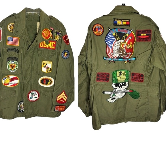 Men’s green marine corps USMC Vietnam veteran coat jacket patches large - Picture 1 of 14